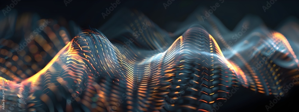Poster amplitude envelope undulating digital wave with varying gradient and luminous patterns