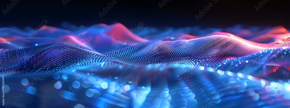 Poster amplitude envelope dynamic wave with varying 3d rendered particle flow and light gradient