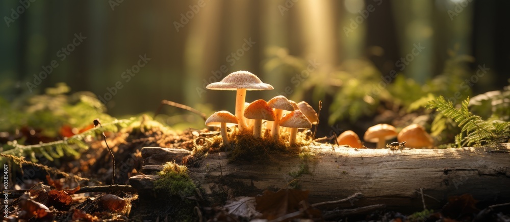 Poster Nature background showing an old stump with a mushroom on it, providing space for text or graphics (copy space image).
