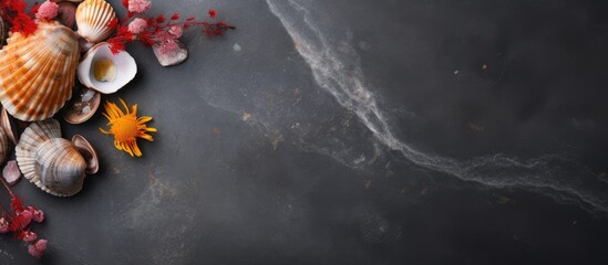 Obraz premium Top-down view of a Rapana shell on a dark stone surface with ingredients surrounding it, creating a flat lay composition with empty space for text or graphics. with copy space image