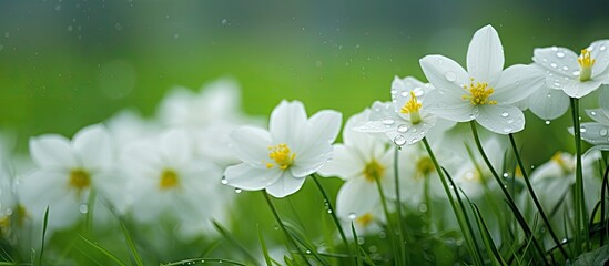 Delicate white blooms featuring yellow stamens situated amid lush green grass with a blurry backdrop, typically vibrant during the rainy season, ideal for a copy space image.