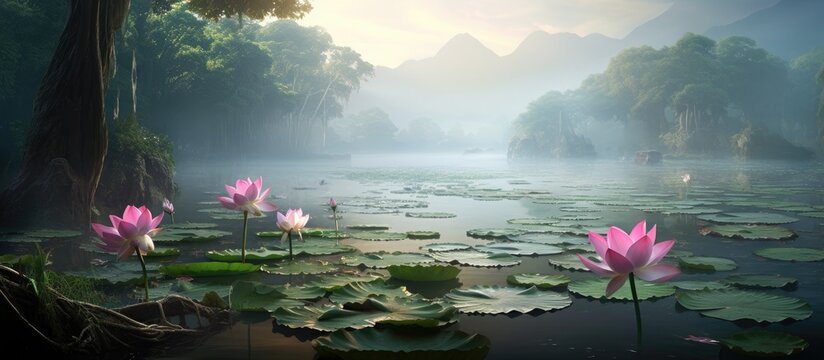 Stunning pink lotus ponds with serene surroundings frame a tranquil scene, providing a perfect setting for a copy space image.