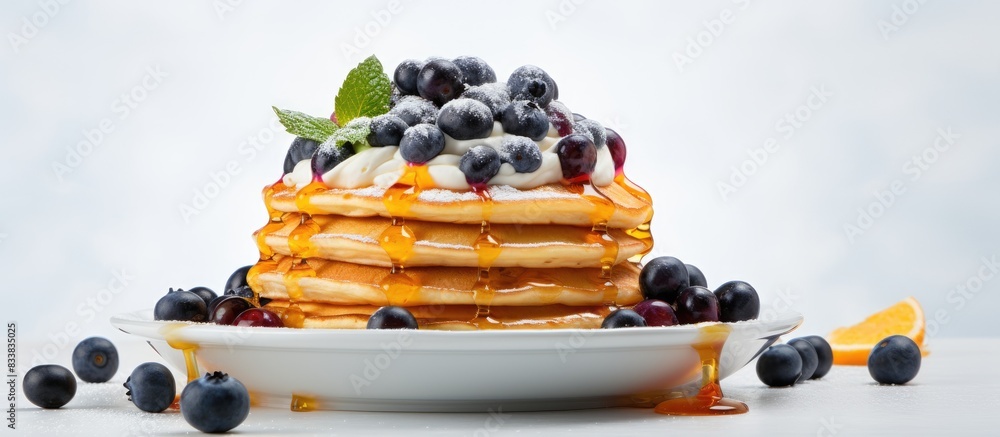Aufkleber pancakes topped with apricot jam and blueberries on a white backdrop with copy space image.