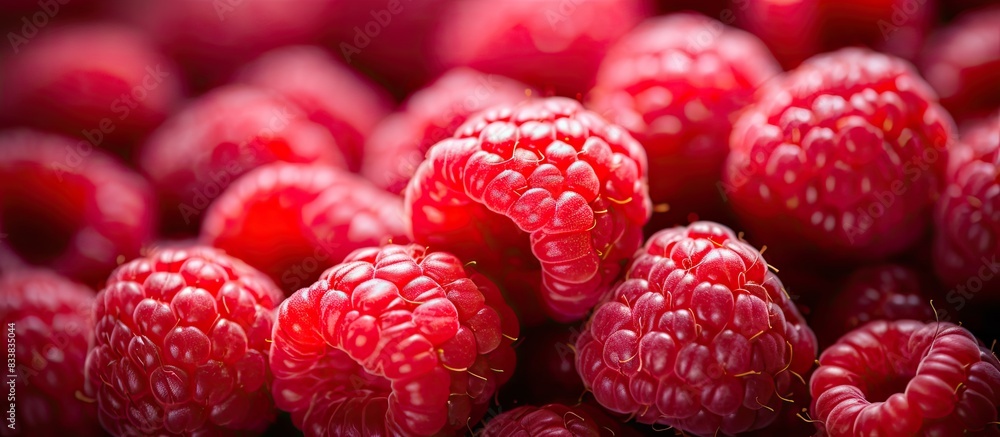 Fototapete Close-up macro image of red raspberries with copy space image.