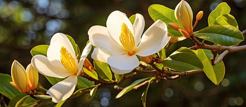Close-up photo of three Champak or Michelia champaca flowers held with a natural backdrop, also called champak, a sizable evergreen tree in the Magnoliaceae family, ideal for copy space image.