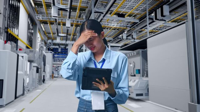 Asian Female Professional Worker Standing With Her Tablet at Factory Digitalization for Innovative Project, She Is Nodding Her Shead With Dissapionted
