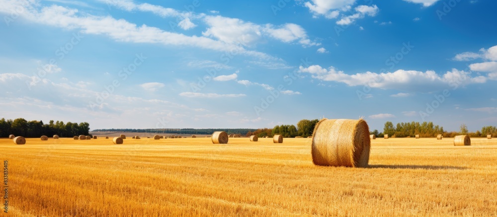 Aufkleber Autumn agricultural field with haystacks, providing a serene background in a rustic setting for a copy space image.