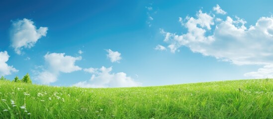 Vibrant green grass and leaves contrasting with a clear blue sky and fluffy white clouds, creating a picturesque scene with copy space image. - Powered by Adobe
