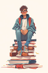 Young male student seated on a colorful stack of books