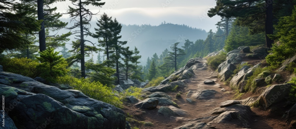 Poster exploring a rugged mountain trail with rocky terrain, forested highland route, a popular walking pat