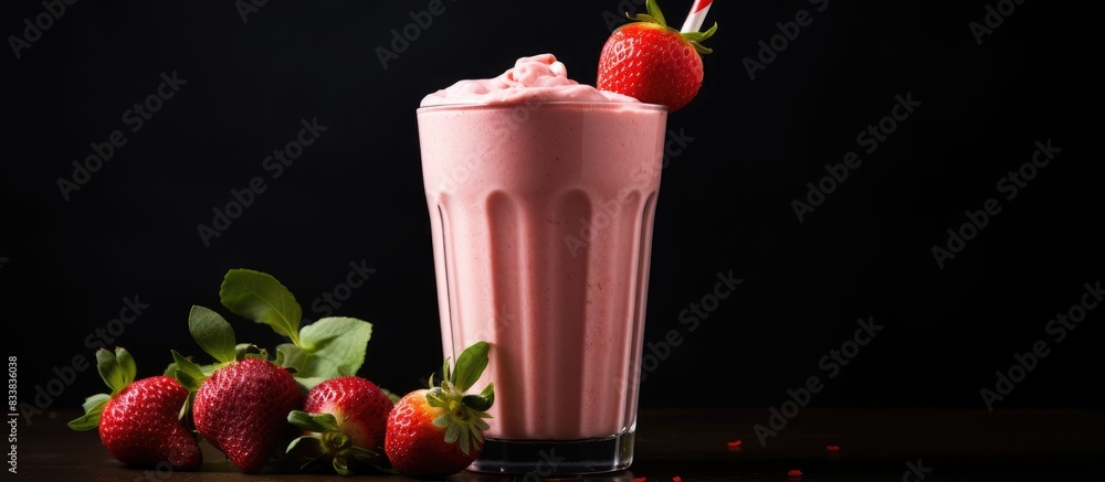 Fototapete strawberry milkshake displayed against a dark backdrop with copy space image.