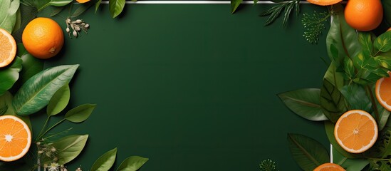 Tropical concept with a square layout showcasing juice on grass with paper leaves and an orange on the side, featuring a copy space image.