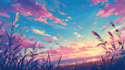 Vibrant illustration of sunset over field with colorful clouds
