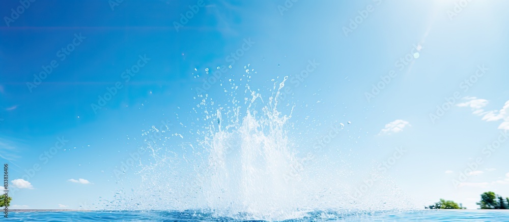 Poster Blue sky background with water splashing from a fountain, ideal for copy space image.