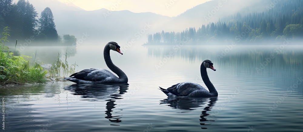 Poster black swans gracefully positioned in front of a serene lake with room for text or other elements in 