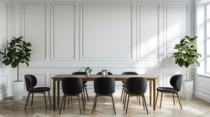 Chic Dining Area: Black Chairs, Wooden Dining Table Against Classic White Paneling Wall for Sleek and Elegant Home Interior