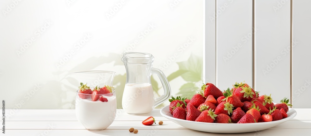 Poster a simplistic morning meal features fresh red strawberries and cream arranged on a white wooden table
