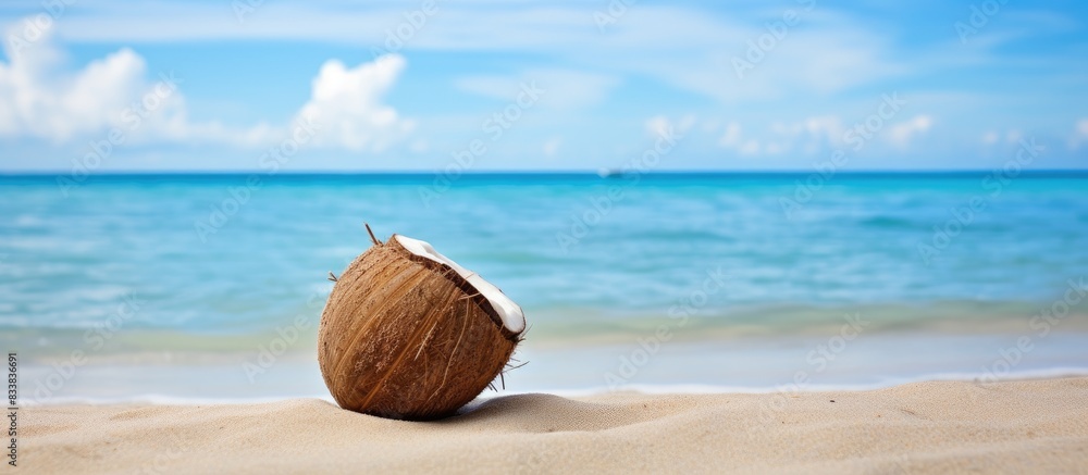 Poster coconut resting on sandy beach with copy space image available.
