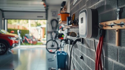 A man is charging his electric car in a garage