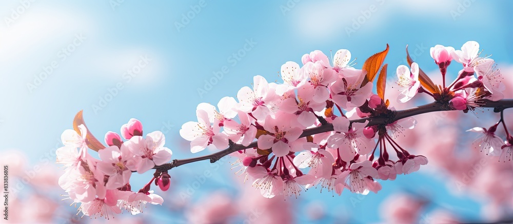Aufkleber in springtime, pink branches bloom against a blue sky in a macro shot with a blurred background and 
