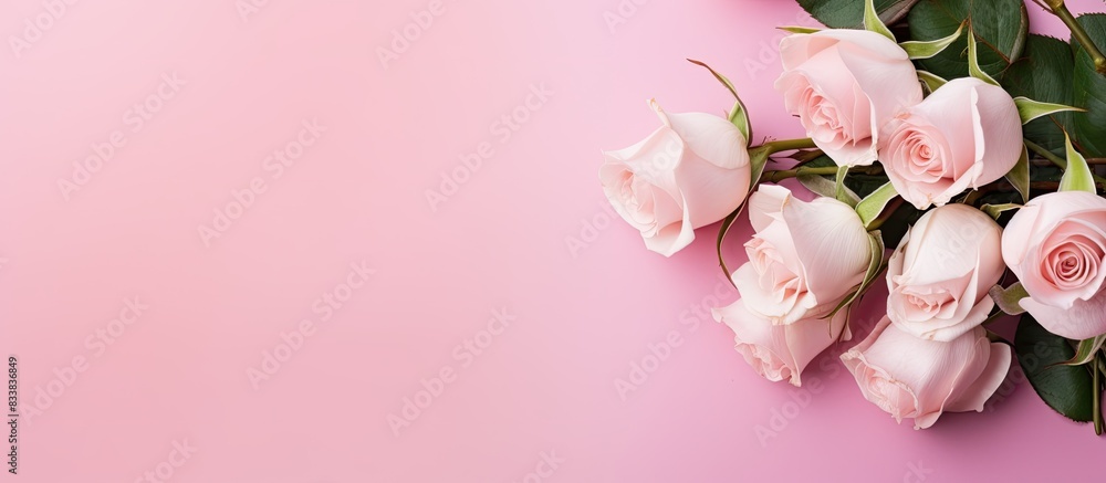 Poster Tea roses in a white envelope, viewed from the top, set against a pink background with copy space image.