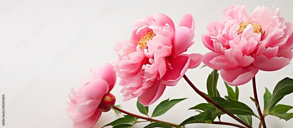 Poster peony flower in full bloom against a white background with copy space image.