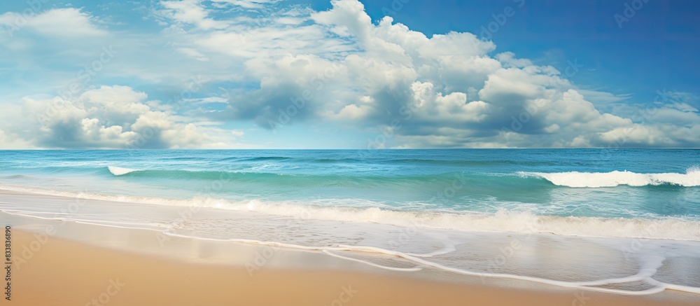 Poster scenic seaside with a vast expanse of sand and a serene ocean view, ideal for relaxing vacations and
