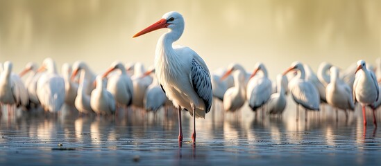 A damp White stork (Ciconia ciconia) stands amongst other water birds, with a copy space image. © vxnaghiyev