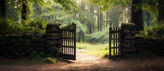 A wooden gate with a copy space image leading to a nature reserve.