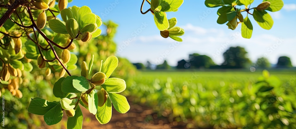 Aufkleber A scenic view of blooming peanut plants with a background offering empty copy space image.