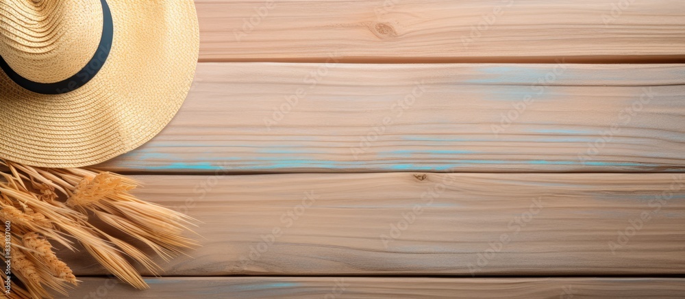 Aufkleber Beach accessories like a straw hat, sunglasses, and beach slippers placed on a wooden surface with an empty space for an image to be inserted. with copy space image. Place for adding text or design
