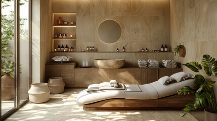Professional photo of a beauty salon with a tranquil face massage scene, featuring beige decor