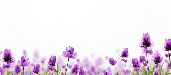 Naklejka premium Blooming purple flowers in a meadow, set against a white backdrop with copy space image.