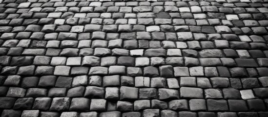 The cobblestone wall creates a textured background in the black and white photo with copy space image.