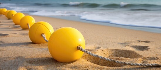 Close-up of a natural gray cable with yellow foam buoys on the sand, suitable for enclosing fishing areas, with a background of copy space image.