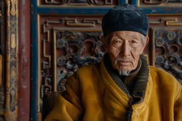 Naklejka premium Elderly Asian Man in Traditional Clothing Sitting in Front of Ornate Wooden Panel