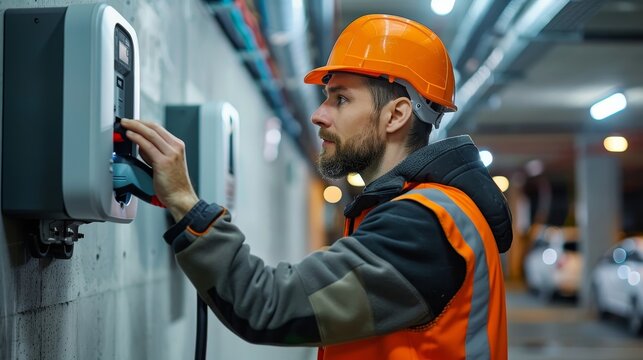 A man in an orange jacket is working on a charging station