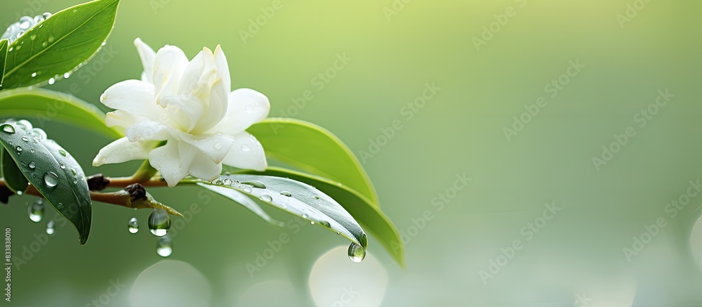Poster raindrops glisten on a fresh jasmine bud in a serene setting with copy space image.