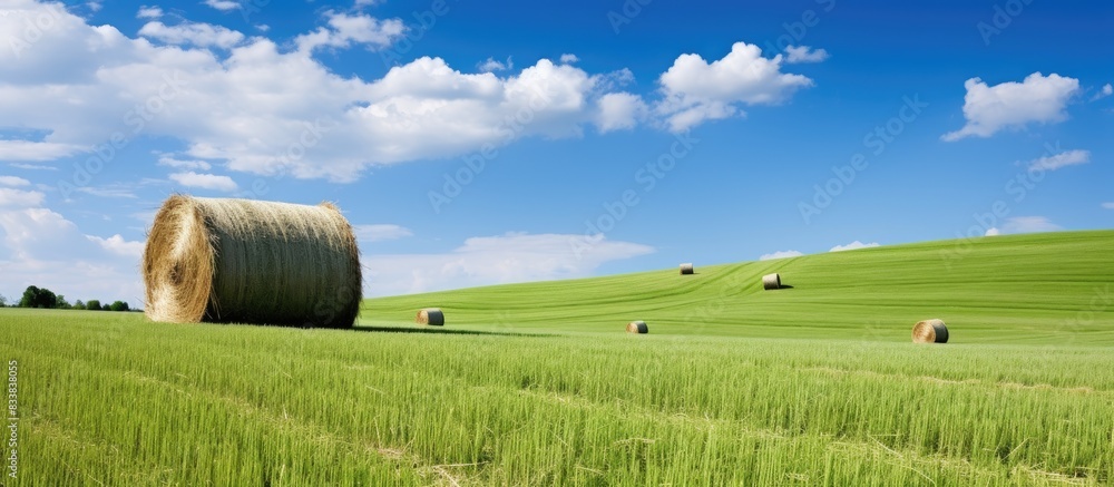 Aufkleber haymaking with a haystack and freshly cut grass, ideal for a copy space image.