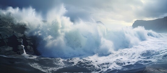 Stormy waves crashing against the rugged southern coast of La Reunion in the Indian Ocean, offering a dramatic view with copy space image.