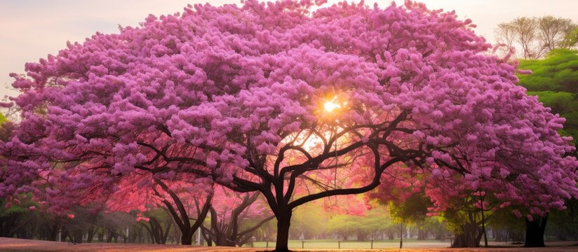 A stunning pink tabebuia tree blossoming fully in the park, providing a picturesque copy space image.