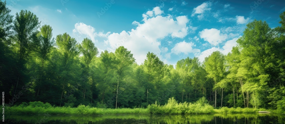 Poster lush green forest with clear blue sky overhead, creating a serene natural setting with a vast copy s