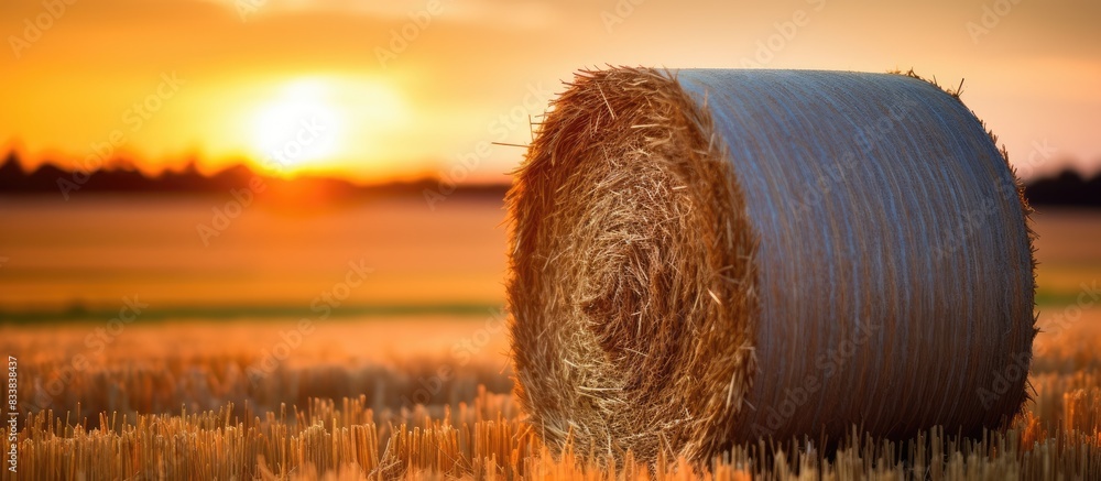 Poster a stunning closeup of a hay bale in a field at sunset with a beautiful copy space image.