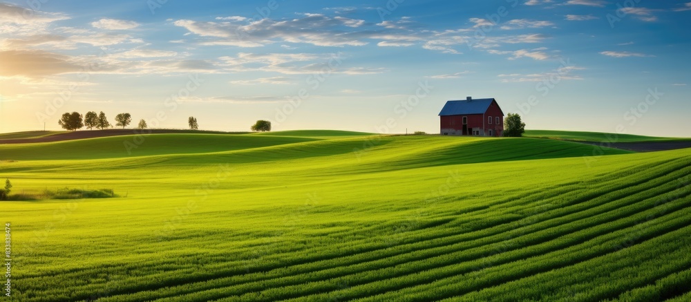 Poster a tranquil sunrise casting a warm glow over a farm with wide green fields and a rustic barn, framed 