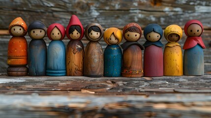 Fototapeta premium Colorful Wooden Dolls in a Row Outdoors