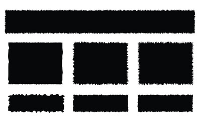 Set of torn paper frames. Black vector collage shape of ripped paper silhouettes isolated on a white background. Old vintage paper backgrounds. Abstract overlay scratched design. Vector illustration.