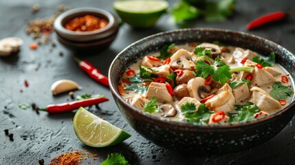 A bowl of soup with a lot of spices and a lime on the side