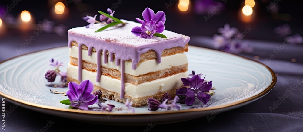 Poster Sweet dessert decorated with a purple flower on top, creating an appealing look with a copy space image.