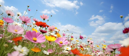 Colorful flower meadow under a clear summer sky with ample copy space image.