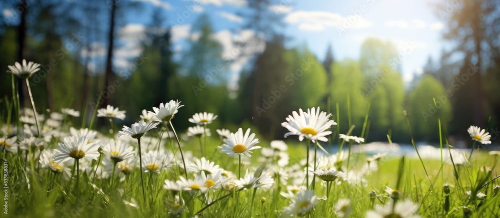 Poster Forest daisies blooming in spring under a sunny sky with green grass in the background create a picturesque scene. with copy space image. Place for adding text or design